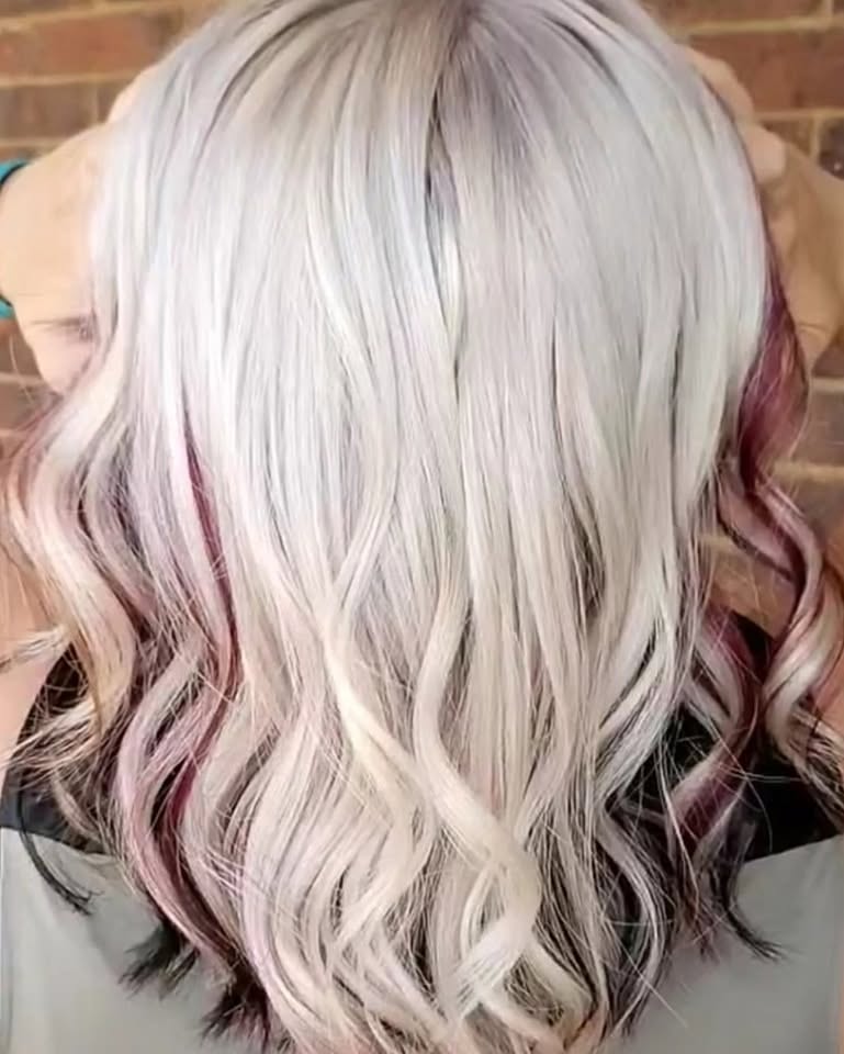 Platinum waves with violet peekaboo color styled by Sienne Coonts