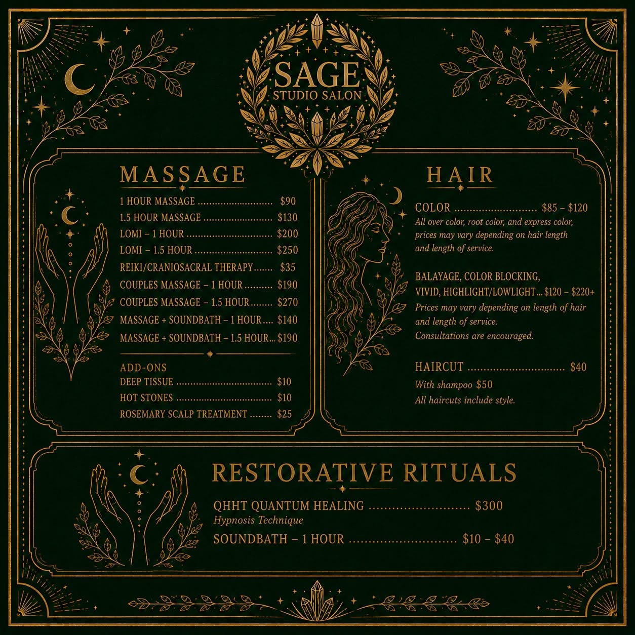 Sage Studio Salon service menu with massage, hair, restorative ritual, and add-on pricing